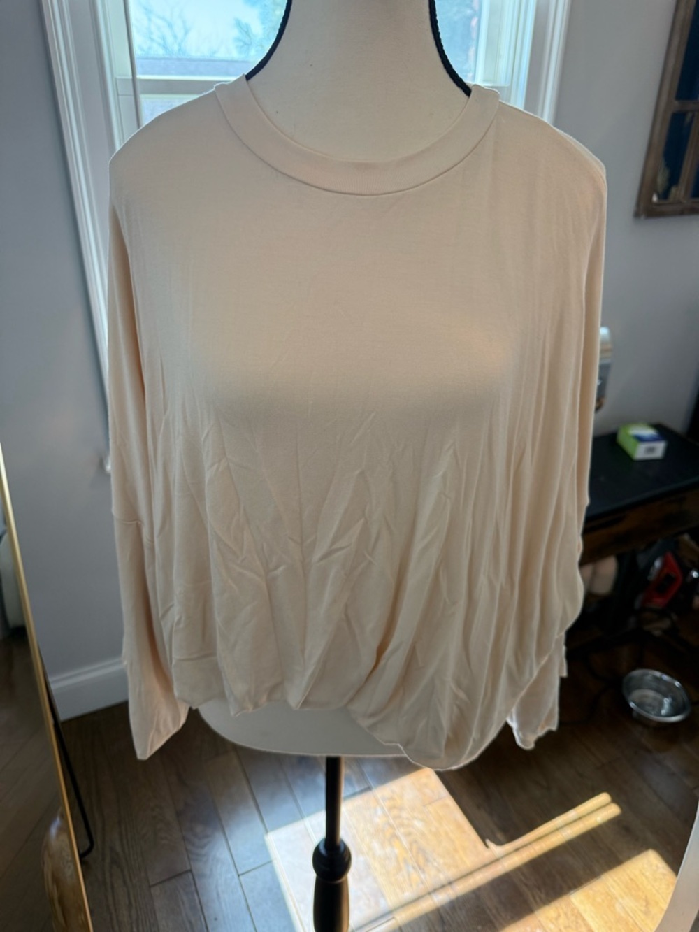 Kylie Paige Relaxed Crewneck Drop Shoulder Bubble Hem Blouse in Light Beige Sm